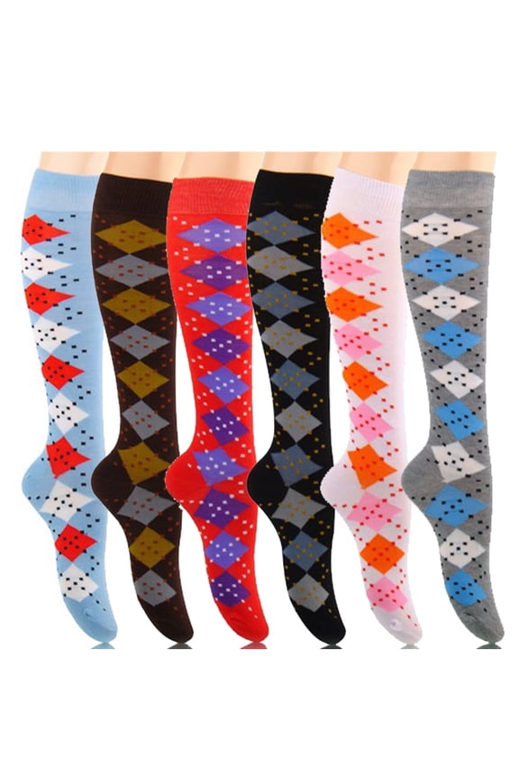 6 Pairs Women's Fancy Design Multi Colorful Patterned Knee High Socks, Dotted argtted