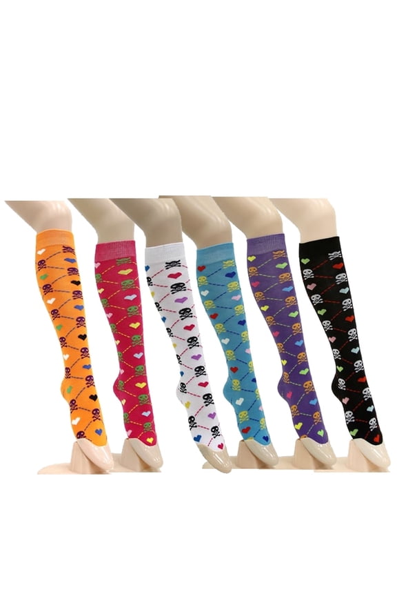 Women's Patterned Knee High Socks 6-Pack Hearts and Skulls Size 9-11