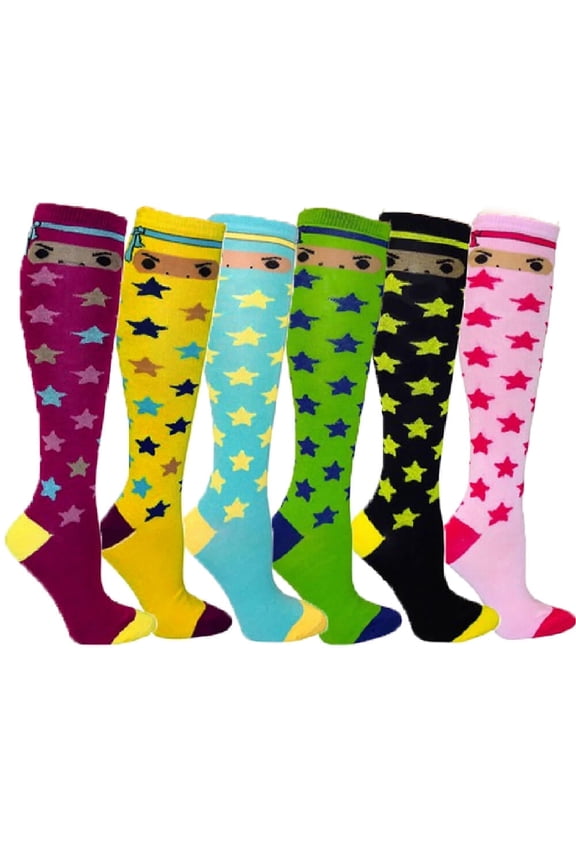 Women's Patterned Knee High Socks 6-Pack Ninja Stars Size 9-11