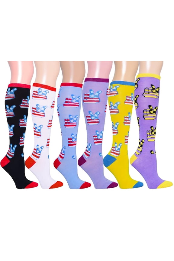 Women's Patterned Knee High Socks 6-Pack Peace Hand Size 9-11