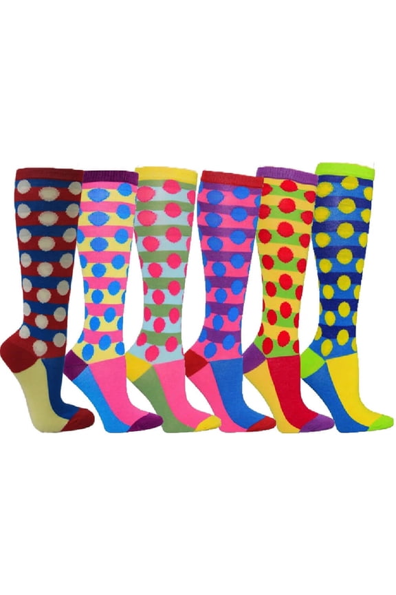 Women's Patterned Knee High Socks 6-Pack Polka Dots and Stripes Size 9-11