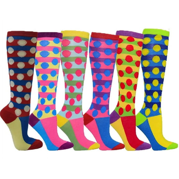 6 Pairs Women's Fancy Design Multi Colorful Patterned Knee High Socks, Polka Dots & Stripes