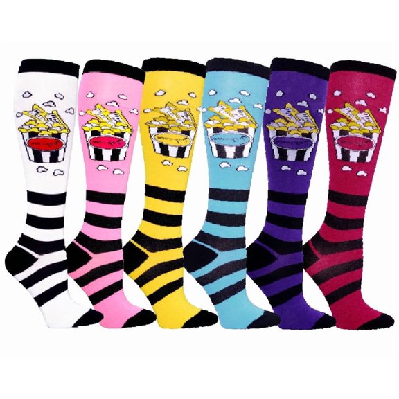 COUVER Women's Patterned Knee High Socks 6-Pack Popcorn Size 9-11