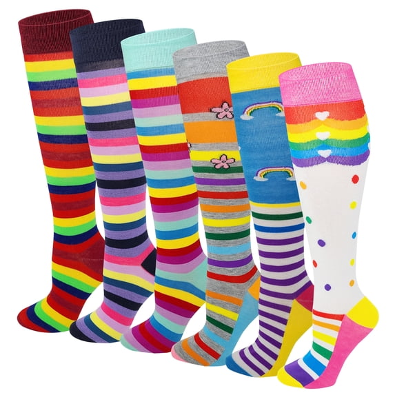 6 Pairs Women's Fancy Design Multi Colorful Patterned Knee High Socks,Rainbow Stripes,Size 9-11 ( Fit women shoe size 4 to 10 )*** Size = 43719