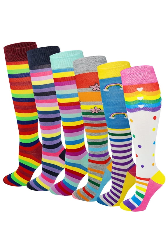 6 Pairs Women's Fancy Design Multi Colorful Patterned Knee High Socks,Rainbow Stripes,Size 9-11 ( Fit women shoe size 4 to 10 )*** Size = 43719