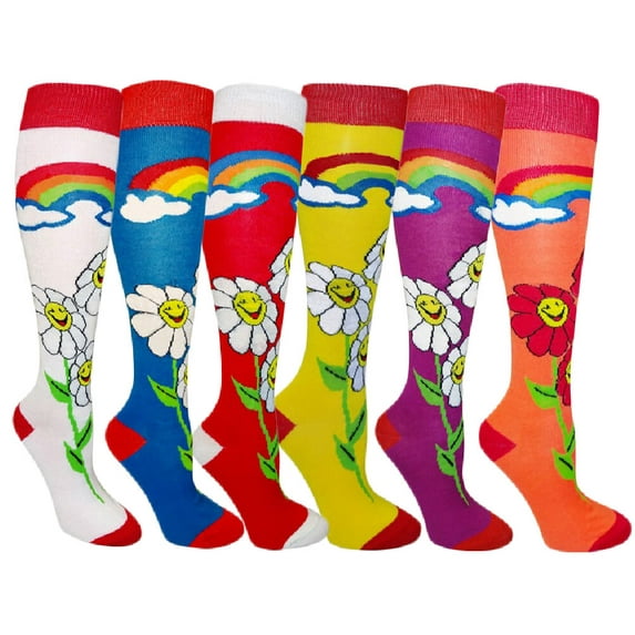 6 Pairs Women's Fancy Design Multi Colorful Patterned Knee High Socks, Smile Flower