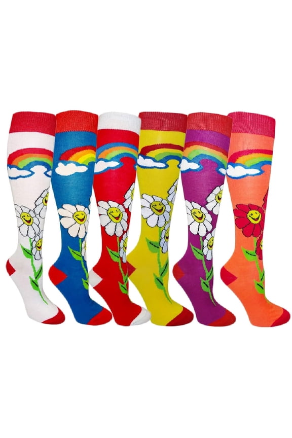Women's Patterned Knee High Socks 6-Pack Smile Flower Size 9-11