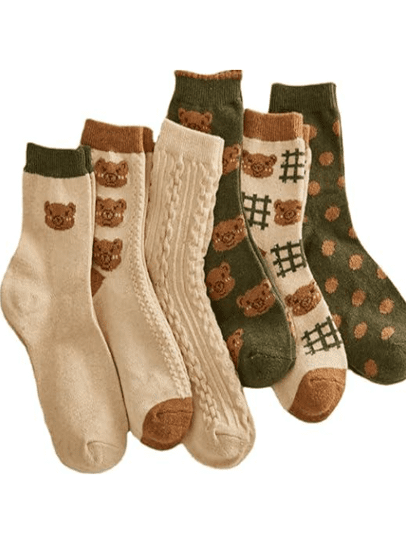 6 Pairs Womens Kawaii Bear Socks Cotton Soft Moisture-Wicking Vintage Preppy Aesthetic All-Season Casual Crew Socks