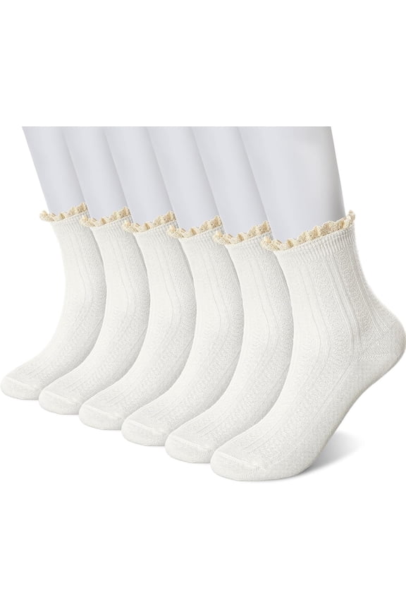 6 Pairs Women's Lace Ruffle Frilly Boot Socks - Vintage Cute Trim Ankle Cotton Knit Socks