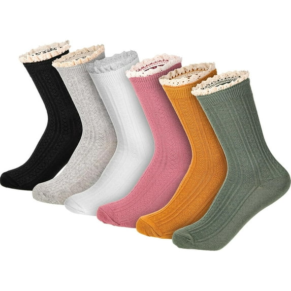 6 Pairs Women's Lace Ruffle Frilly Boot Socks - Vintage Cute Trim Ankle Cotton Knit Socks