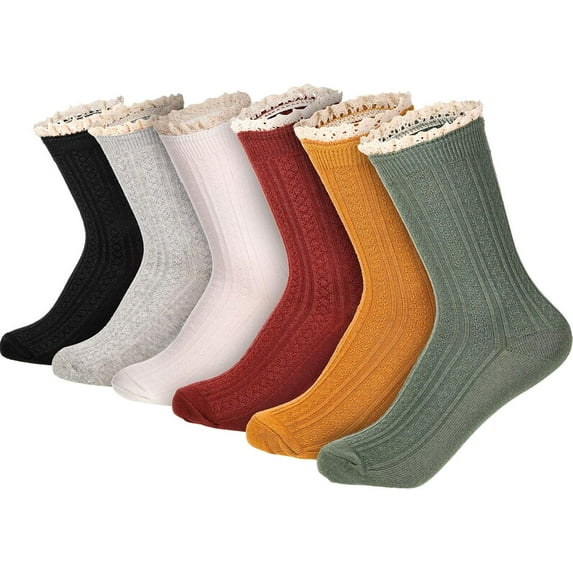 6 Pairs Women's Lace Ruffle Frilly Boot Socks - Vintage Cute Trim Ankle Cotton Knit Socks