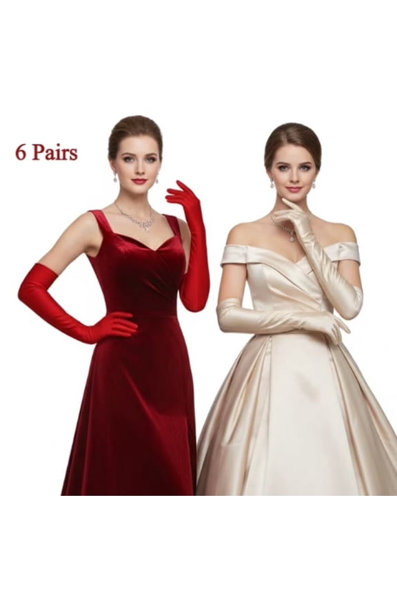 6 Pairs Women's Long Satin Gloves - Elbow-Length Opera Formal Gloves, Stretchy Black & White Bride Costume Accessories