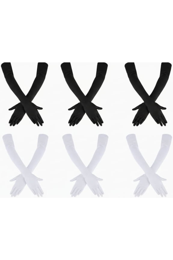 6 Pairs Women's Long Satin Gloves - Elbow-Length Opera Formal Gloves, Stretchy Black & White Bride Costume Accessories