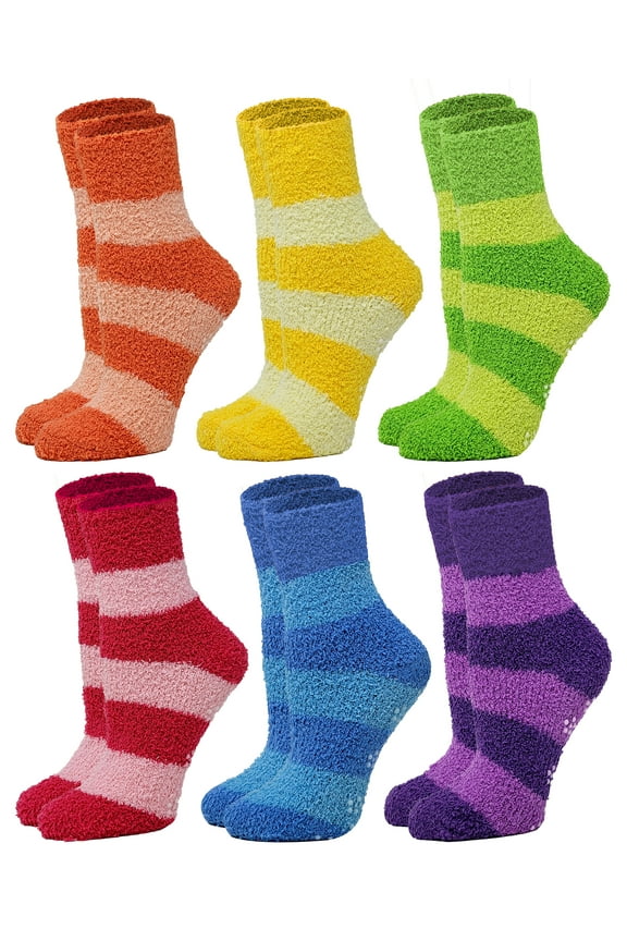6 Pairs Women's Premium Soft Warm Winter Plush Non-Skid Cozy Comfy Slipper Striped Colors Socks