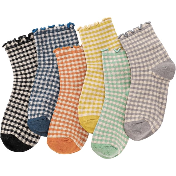 6 Pairs Women's Ruffle Ankle Socks, Cute Checkered Striped Frilly Crew Socks