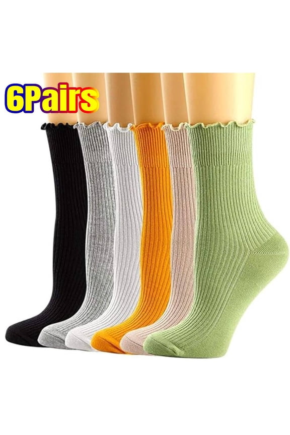 6 Pairs Women's Socks, Ruffle Turn-Cuff Casual Crew Socks Breathable Cool Knit Cotton Lettuce Ankle Frilly Sock