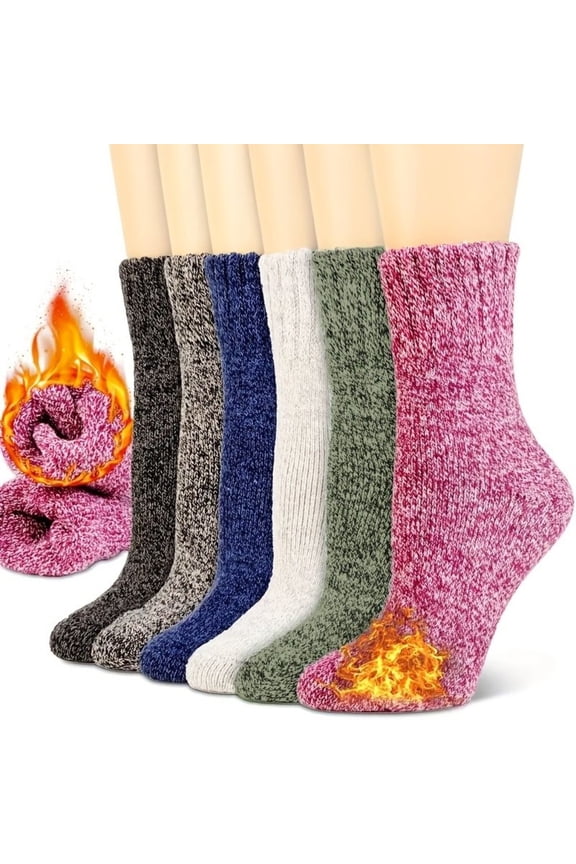 6 Pairs Women's Wool Thermal Boot Socks (EU 9-11) - Heavy-Duty Winter Warmth, BS4745 2.4 Tog Rating, Multi-Color (Pink/ Grey/ Blue/ Green/ Black).