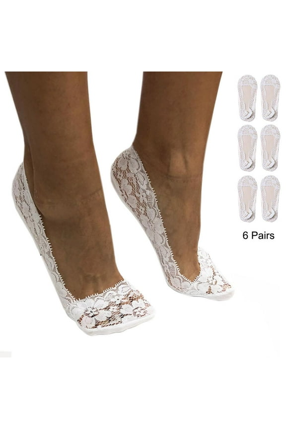 6 Pairs Womens Boat Socks Lace Liner Ballet Plain Footies Invisible Pads Low Cut