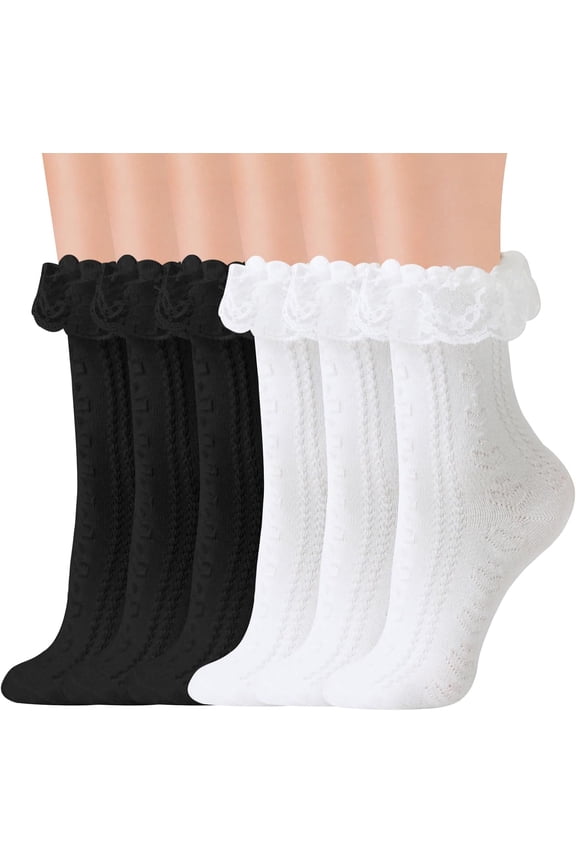 6 Pairs Womens Lace Ruffle Frilly Socks Crew Socks Cotton Cute Princess Ankle Dress Socks for Girl,White Black Mesh Lace Trim Socks Lolita Socks,Ankle High Socks for Women