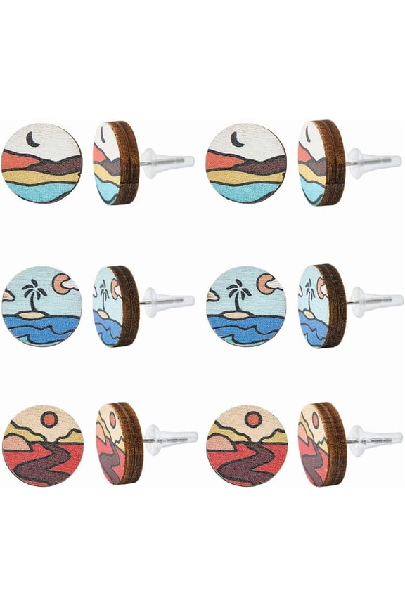 6 Pairs Wooden Stud Earrings Round Wooden Ear Posts Sun Sunset Moon River Painting Flat Round Charms Painted Pattern Ear Post Stud Earrings for Women Men Fashion Jewelry Gift Supplies Mixed Color