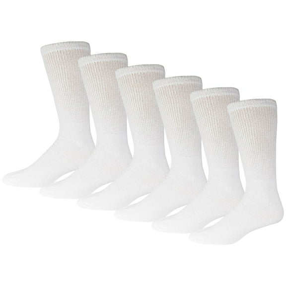 6 Pairs of Big and Tall Diabetic Cotton Neuropathy Crew Socks (White, Sock Size 13-16)