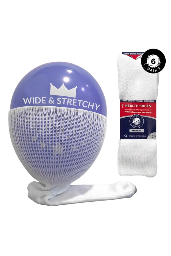 6 Pairs of Big and Tall Extra Wide Diabetic Socks, Mid/Over-the-Calf Medical Swollen Feet Socks (White, Extra Wide)
