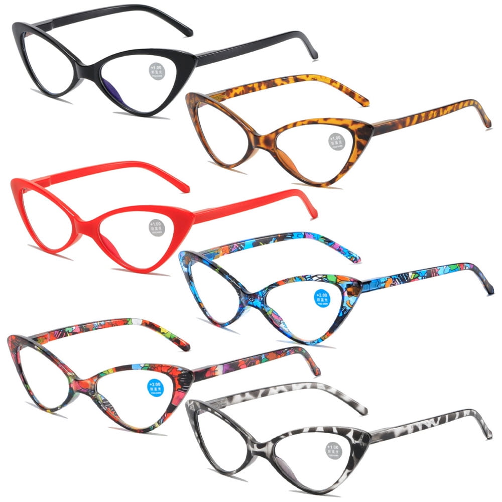 6 Pairs of Classic Cat Eye Reading Glasses for Women Blue Light Blocking Retro Readers, Ladies Plastic Spring Hinge Presbyopia Glasses +3.00