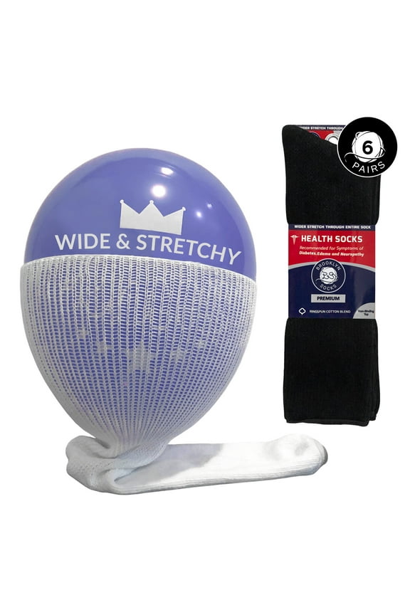 6 Pairs of Extra Wide Diabetic Socks,Mid/Over-the-Calf Medical Swollen Feet Socks (Black, 10-16)