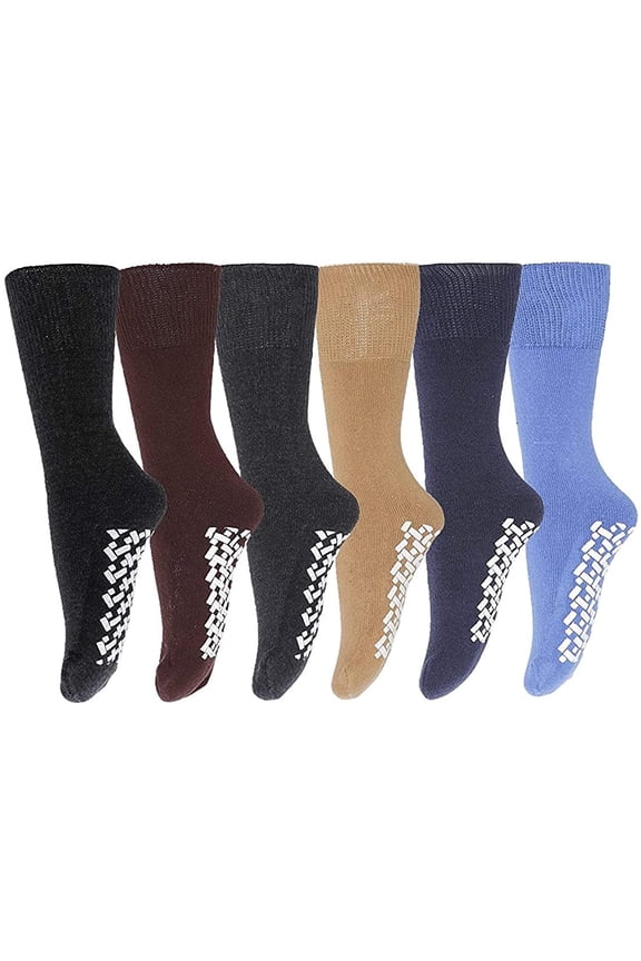 6 Pairs of Mens Non Skid/Slip Medical Socks, Cotton With Rubber Gripper Bottom (Assorted Colors, Size 10-13)