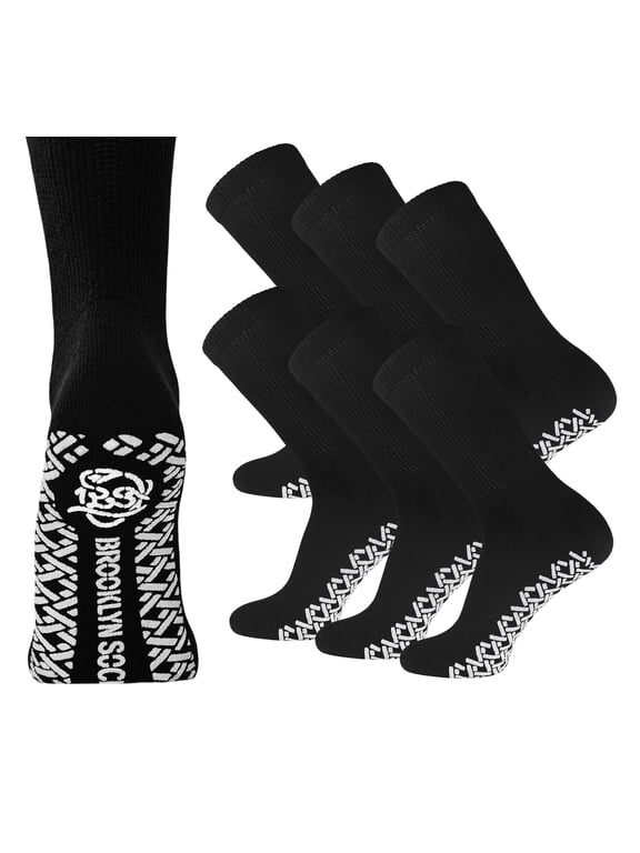 6 Pairs of Non-Skid Diabetic Cotton Crew Socks with Non Binding Top (Black, Sock Size 10-13, Fits US Men's Shoe Size 9-10.5)