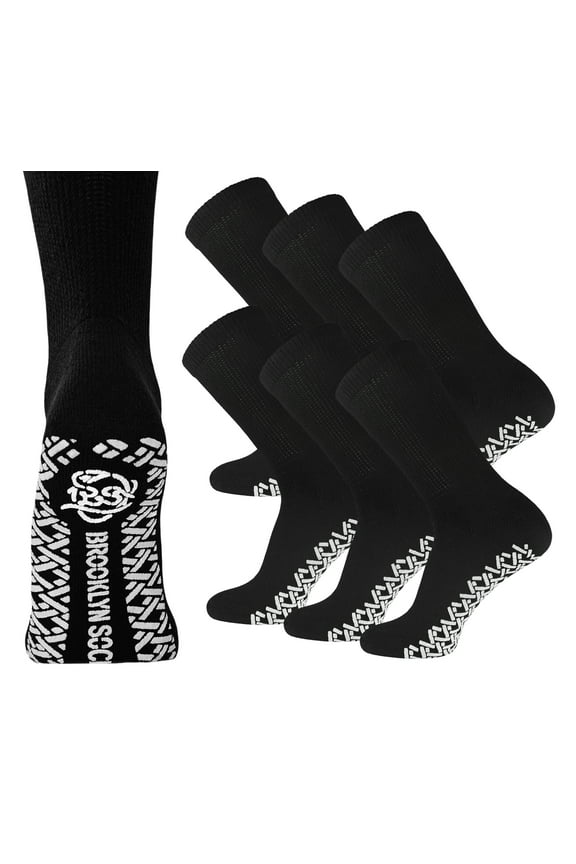 6 Pairs of Non-Skid Diabetic Cotton Crew Socks with Non Binding Top (Black, Sock Size 10-13, Fits US Men's Shoe Size 9-10.5)