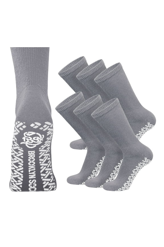 6 Pairs of Non-Skid Diabetic Cotton Crew Socks with Non Binding Top (Gray, Sock Size 10-13, Fits US Men's Shoe Size 9-10.5)