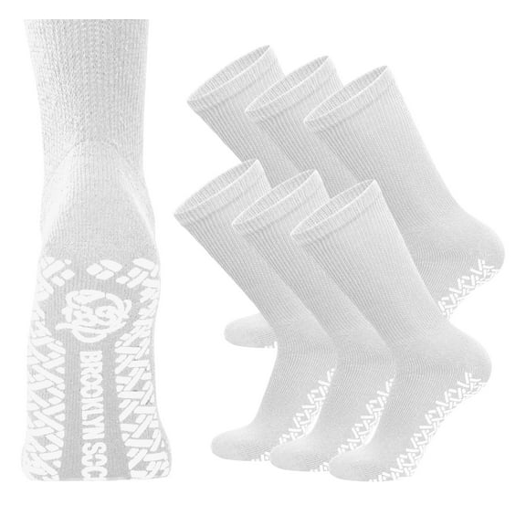 6 Pairs of Non-Skid Diabetic Cotton Crew Socks with Non Binding Top (White, Sock Size 10-13, Fits US Men's Shoe Size 9-10.5)