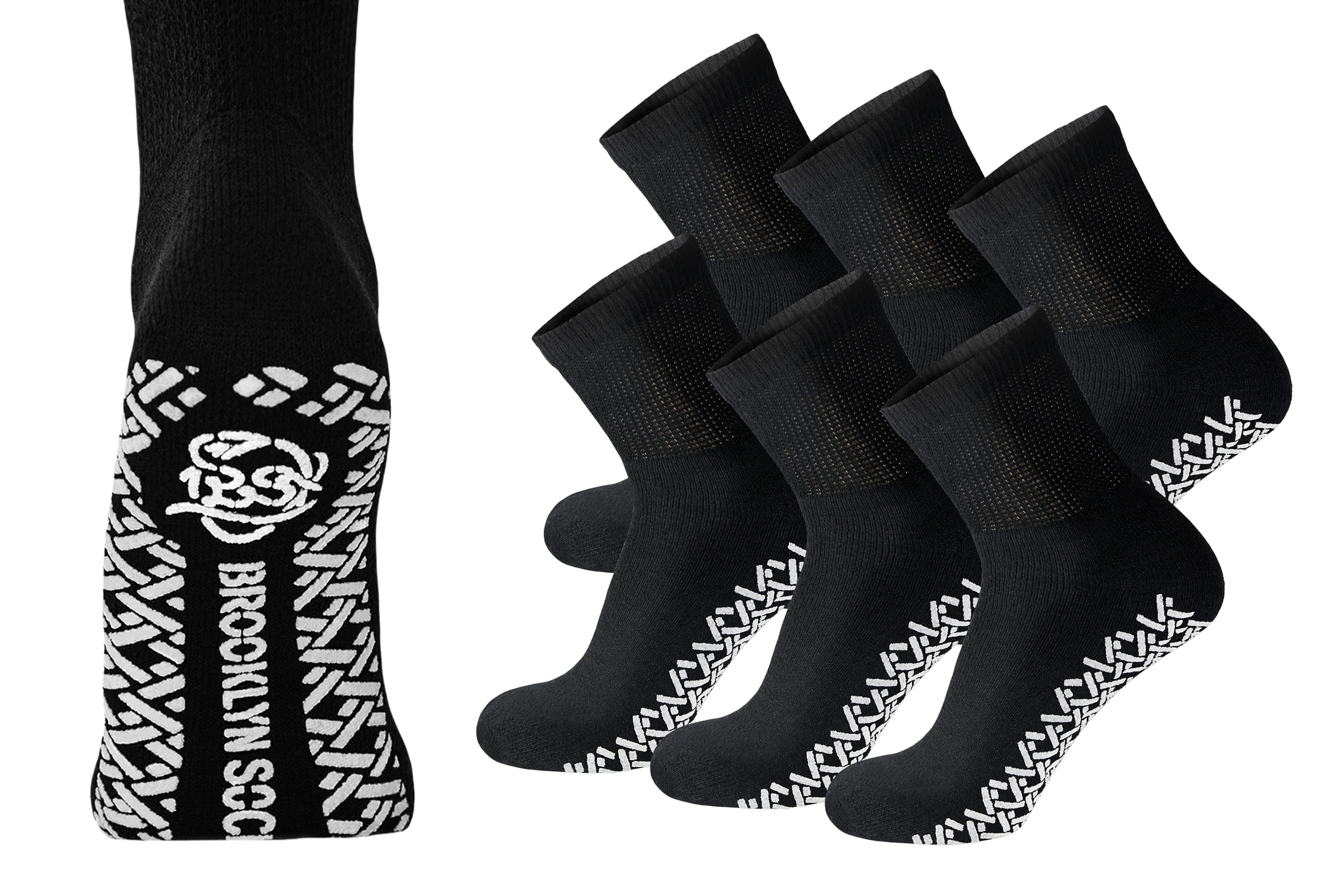6 Pairs of Non-Skid Diabetic Cotton Quarter Socks with Non Binding Top (Black, Sock Size 10-13)
