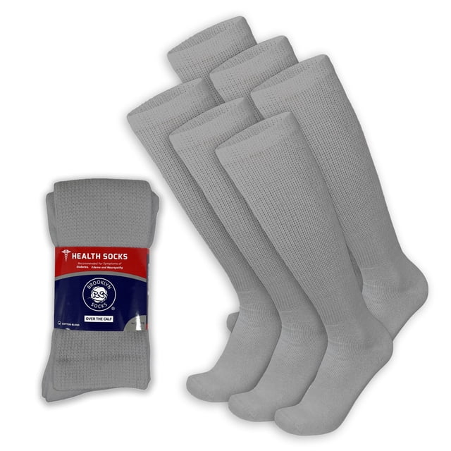 6 Pairs of Over The Calf Diabetic Knee High Cotton Socks (Gray - 6 Pairs, Fit Men's Shoe Size 12-15)