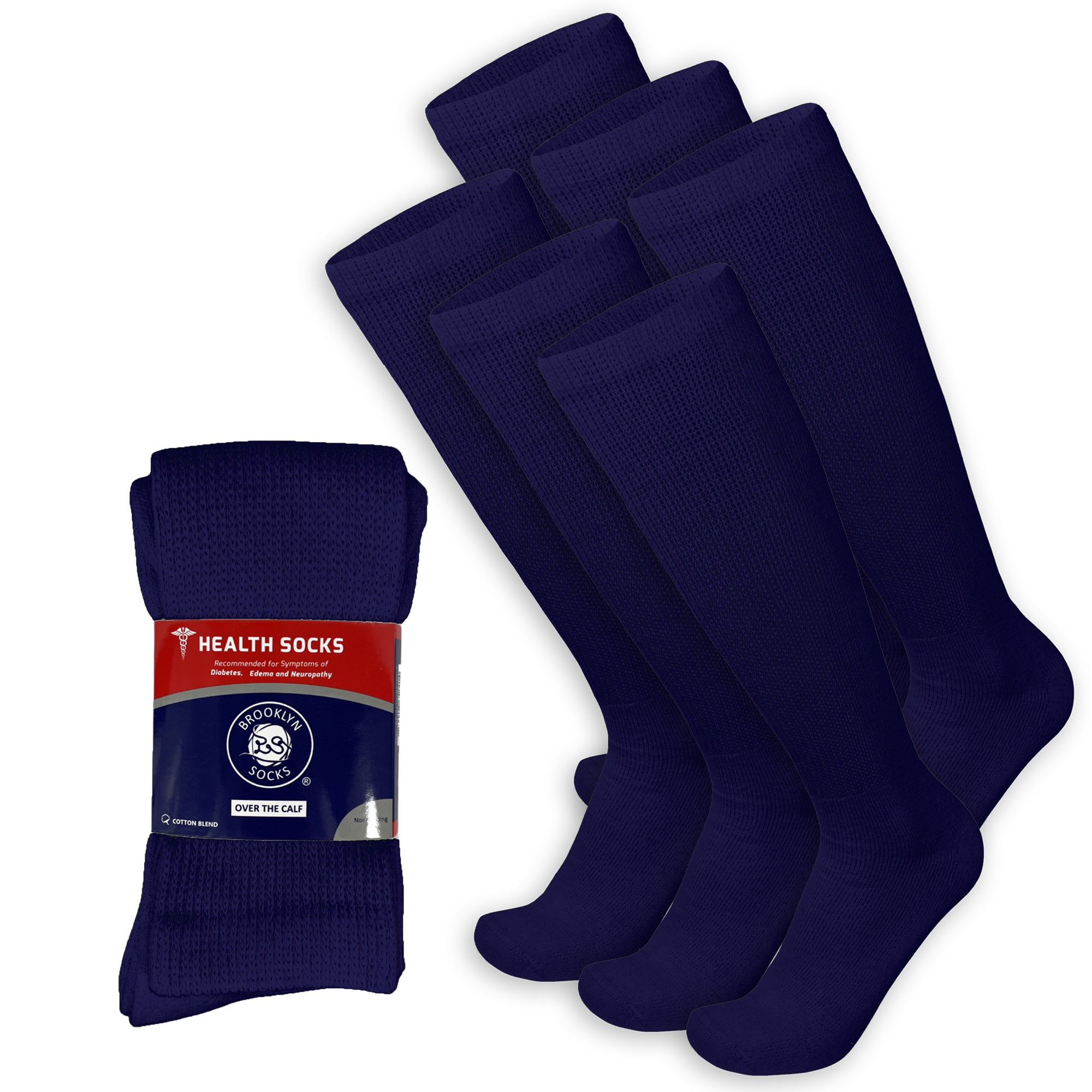 6 Pairs, Over The Calf Diabetic Socks, Navy, Fit Men's Shoe Size 12-15 ...