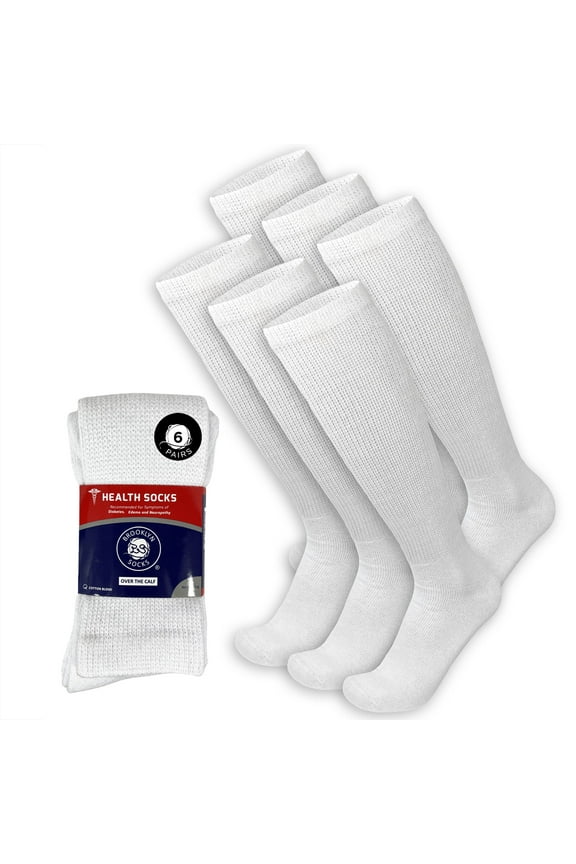 6 Pairs of Over The Calf Diabetic Knee High Cotton Socks (White - 6 Pairs, Fit Men's Shoe Size 10-12)