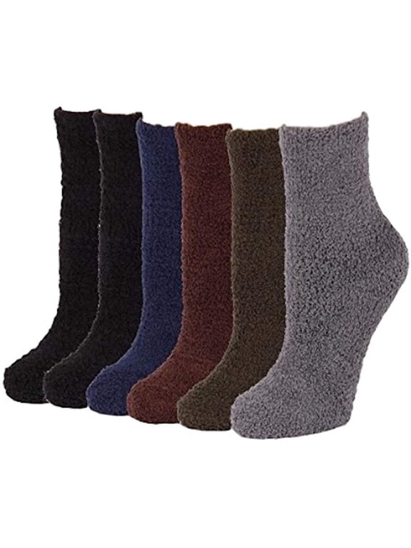 6 Pairs of Super Soft Non-Skid or No Non-Skid Fuzzy Slipper Socks O/S, Plain