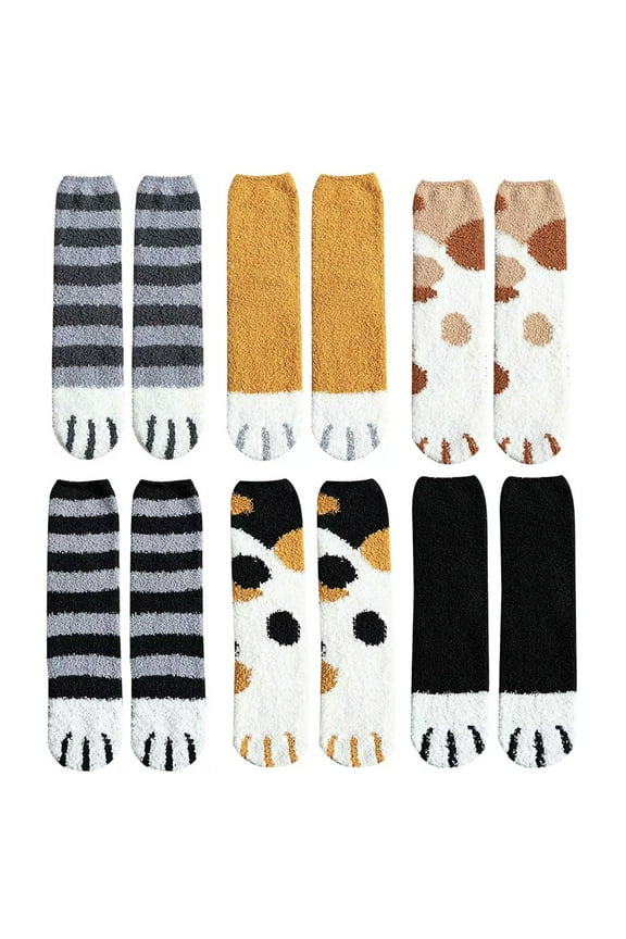 6 Pairs of Thicken Coral Fleece Stockings Cat Paw Pattern Socks (Mixed Style)