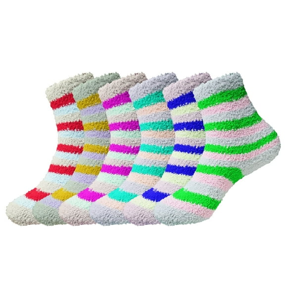 6 Pairs of Women's Bed Room Slipper Socks | Soft & Comfy Fuzzy Multicolor Patterned Winter House Socks (Colorful Lines)