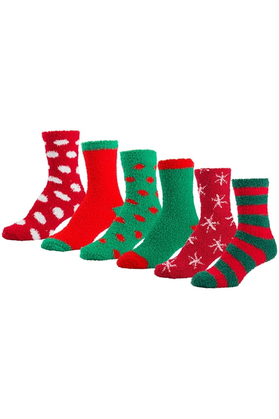 6 Pairs of Women's Christmas Fuzzy Plush Soft Slipper Socks, Fluffy Warm Winter Xmas Cozy Socks – Women’s Size 6-11