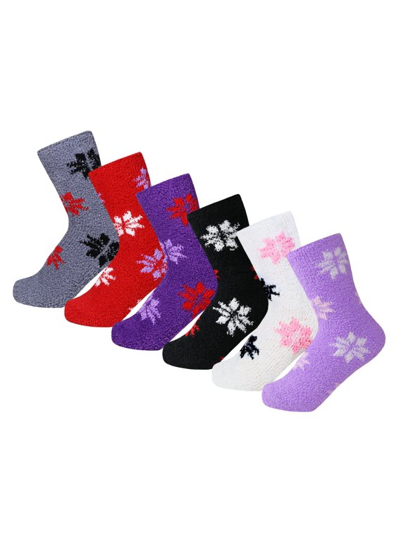 6 Pairs of Women's Snowflakes Fuzzy Plush Soft Slipper Socks, Fluffy Warm Winter Cozy Socks – Women’s Size 6-11