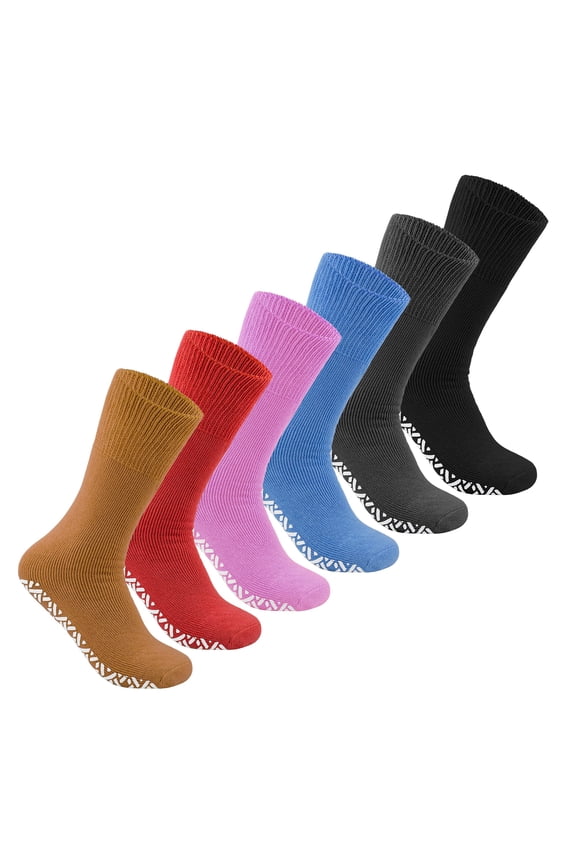6 Pairs of Womens Non Skid/Slip Medical Socks, Cotton With Rubber Gripper Bottom (Assorted Colors, Size 9-11)