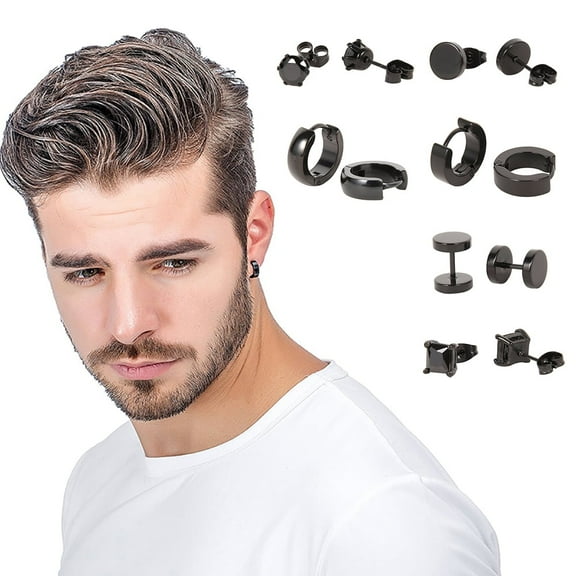 6 Pairs/set Stainless Steel Stud Earrings for Men Hoop Earrings Piercing Black Dumbbell Stud Earring Set