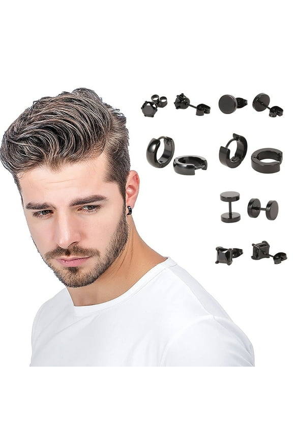 6 Pairs/set Stainless Steel Stud Earrings for Men Hoop Earrings Piercing Black Dumbbell Stud Earring Set