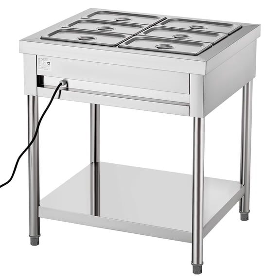 6-Pan Commercial Food Warmer Electric Steam Table, 1500W Stainless Steel Buffet Server with Undershelf for Restaurant Catering Hotel Party - Holds 6 x 1/3 Size Pans