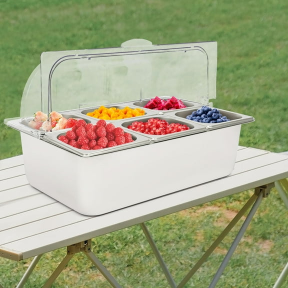 6-Pan Hot & Cold Serving Tray Buffet Cooling Ice Food Dishes Display Plate Case with Lid