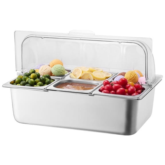 6 Pan Stainless Steel Food Serving Tray with Clear Lid and 3 Freezer Boxes Countertop Buffet Condiment Display Container for Restaurant Hotel Kitchen Party
