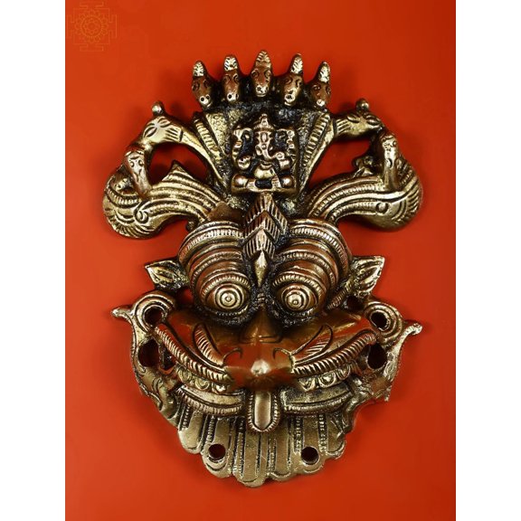 6" Panchanaga Kirtimukha with Seated Ganesha on Top Wall Hanging | Handmade | Made in India