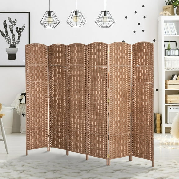 6-Panel 6' Tall Folding Privacy Screen, Freestanding Room Divider, Hand-Woven Paper Rope, Natural